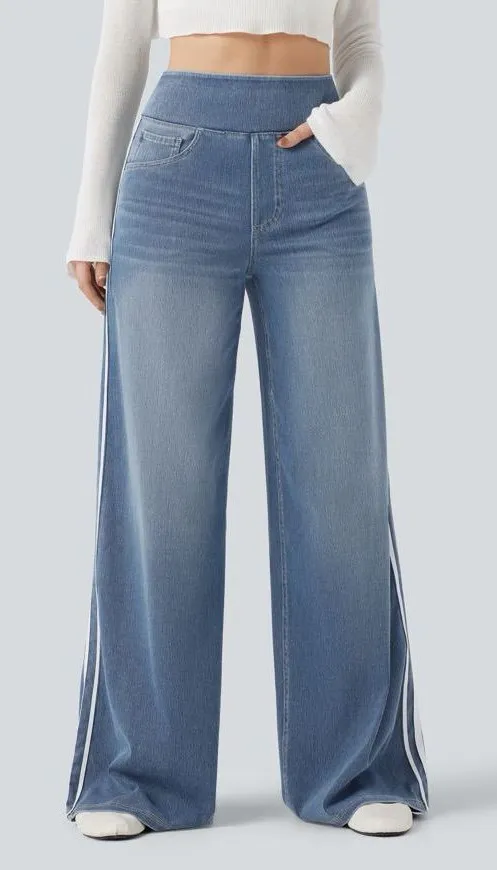 Halara Flex High Waisted Stripe Wide Leg Flowy Washed Casual Jeans Pockets XS - Image 1