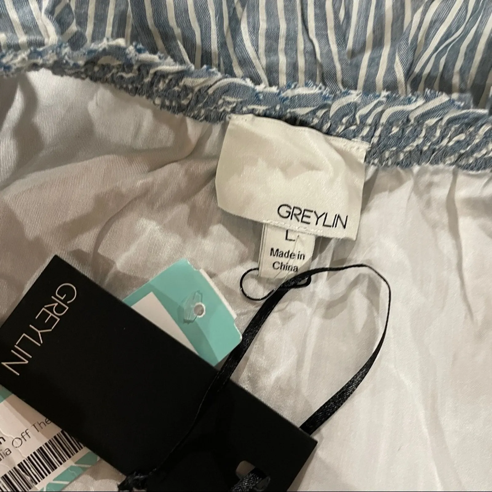 Greylin Natalia Off The Shoulder Blue‎ & White Striped Mini Dress Size L - Image 5