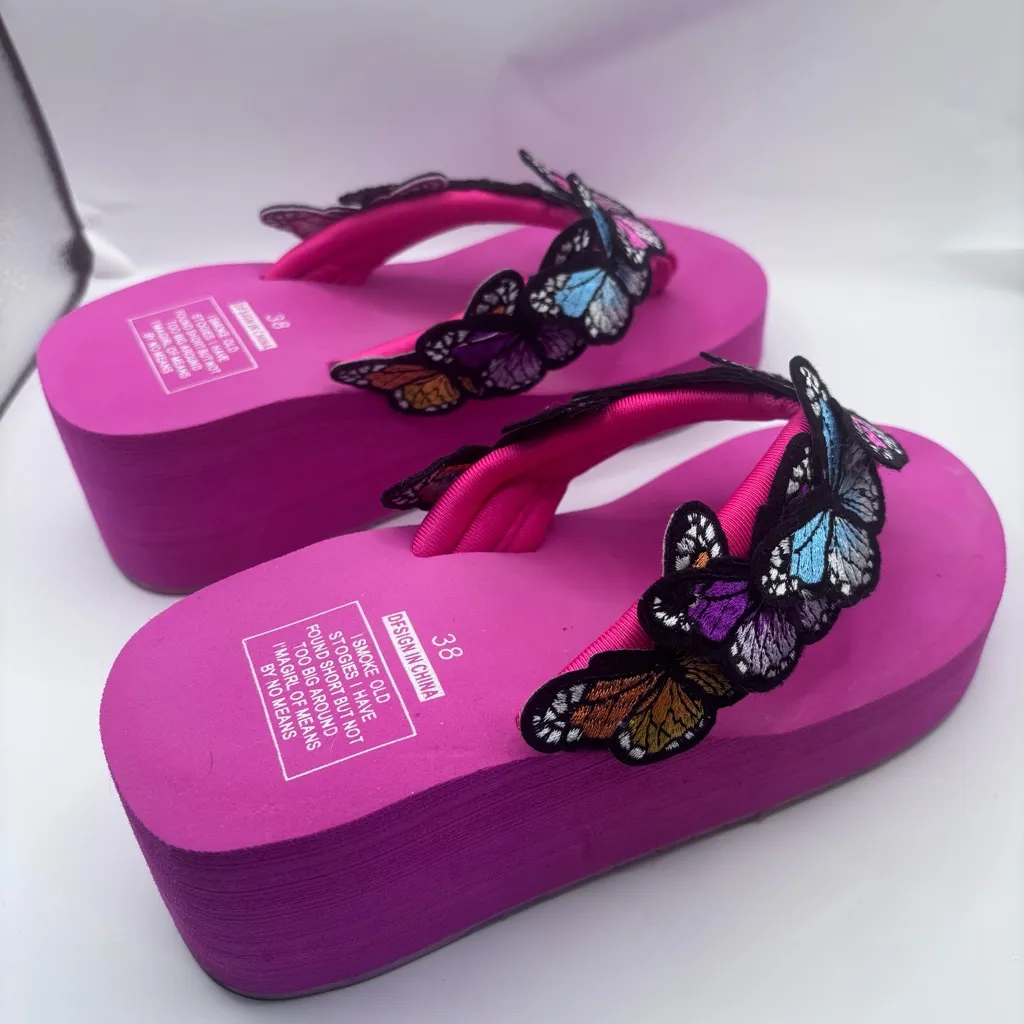 Womens Flip Flops Thong Butterfly Decor Wedge Heel Slippers Shoes Summer Sandals Pink Size 7 - Image 7