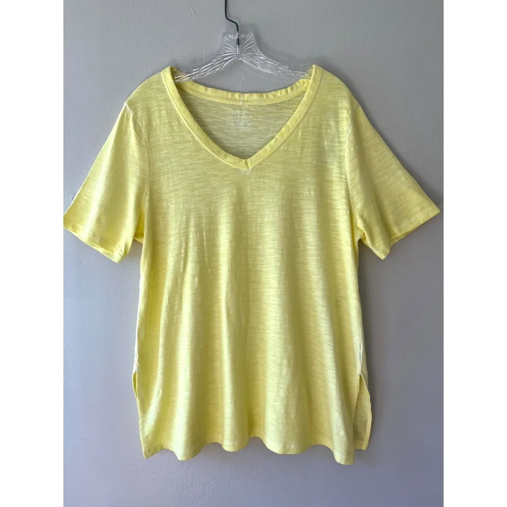 Chicos Tee Shirt Neon Yellow V Neck Stretch Side Slits Short Sleeve, Size‎ M - Image 2