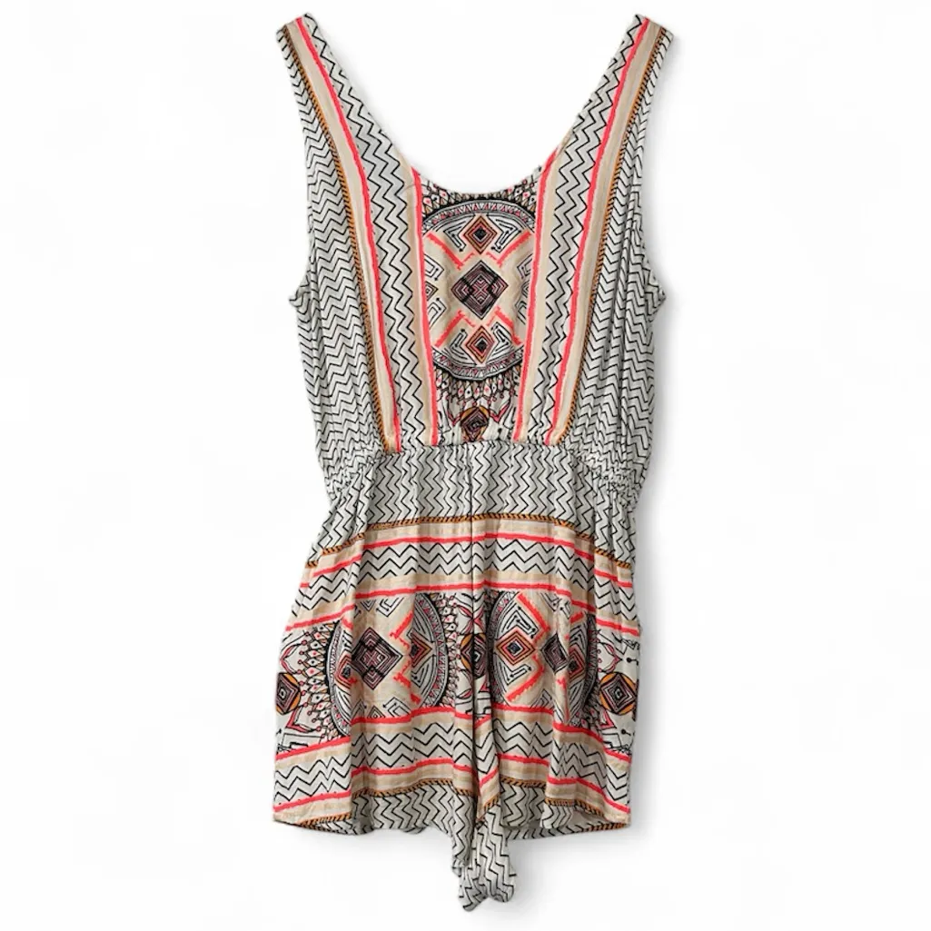 MINKPINK Boho Geometric Print Romper Size M Elastic Waist Pockets Aztec medium - Image 3