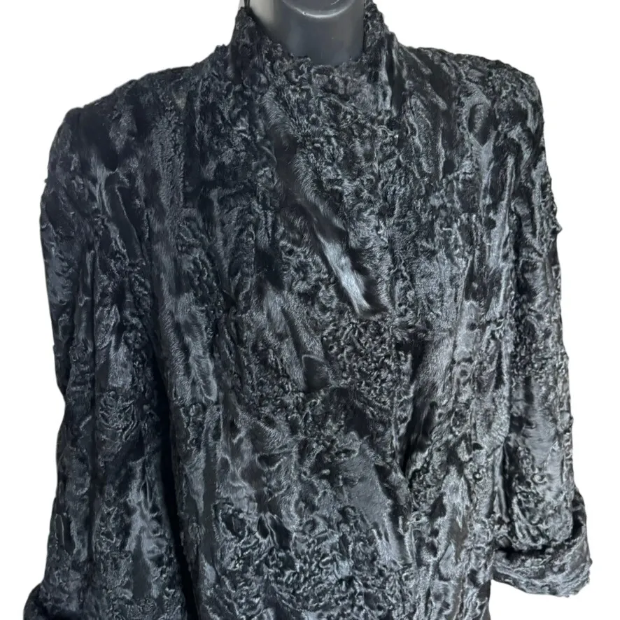 Vintage Custom Persian Lamb Broadtail Coat 1950s? Large? Bell Sleeves Mid Length Black - Image 2