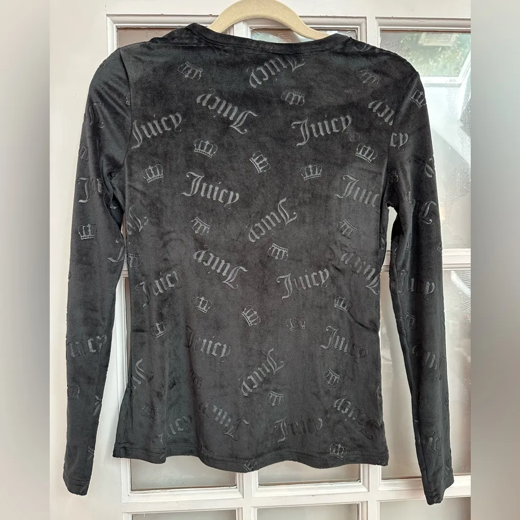Juicy Couture Y2K Black Velvet Burnout Embossed Long Sleeve Sleepwear Top Size M - Image 5
