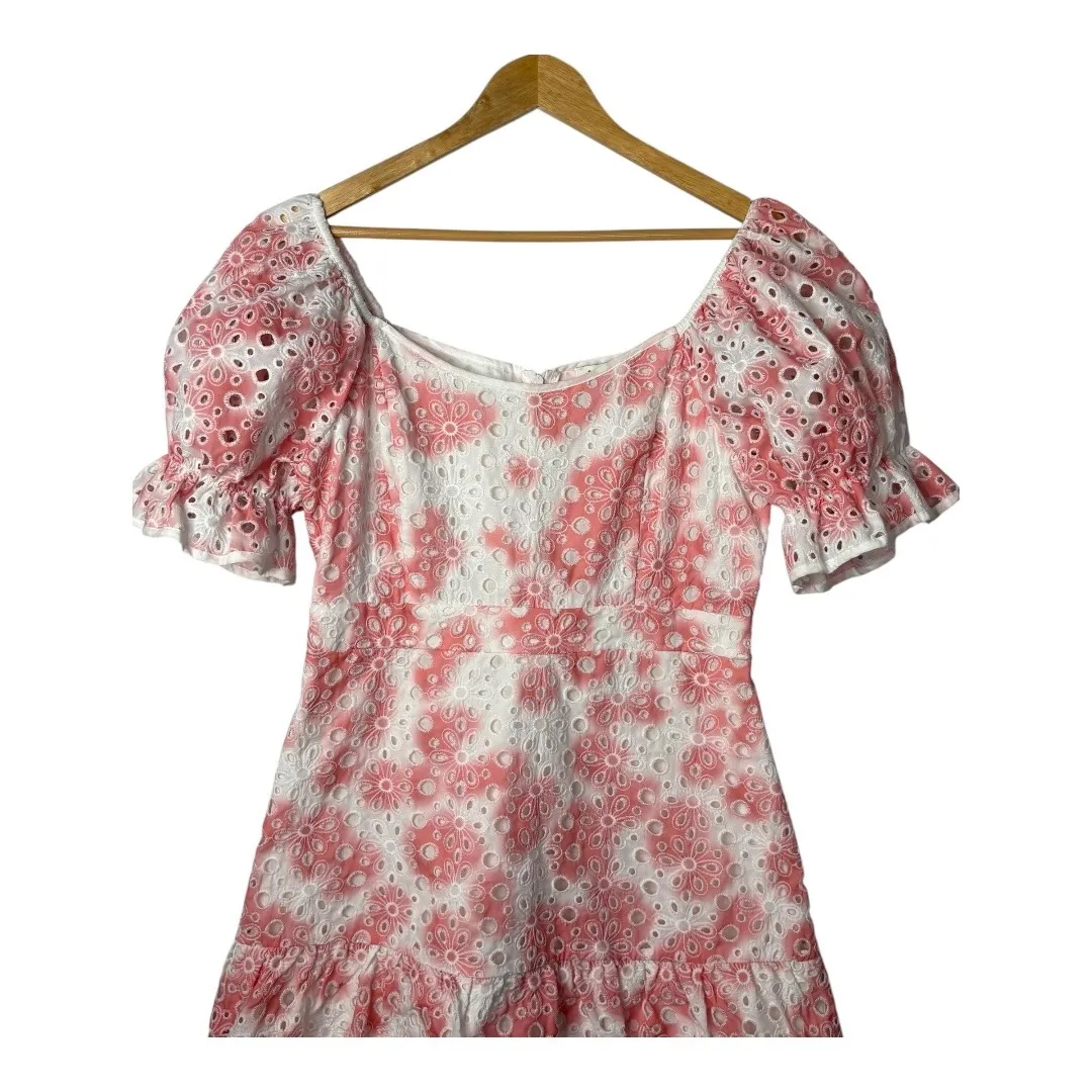 Stellah Pink Floral Eyelet Puff Sleeve Ruffle‎ Tiered Mini Dress Size Medium - Image 6