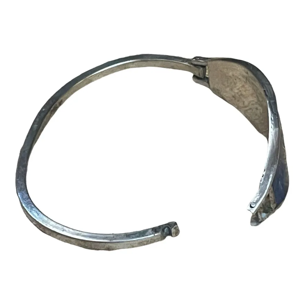 Vintage Silver Abalone Shell Flower Inlay Hinge Bracelet - Image 4