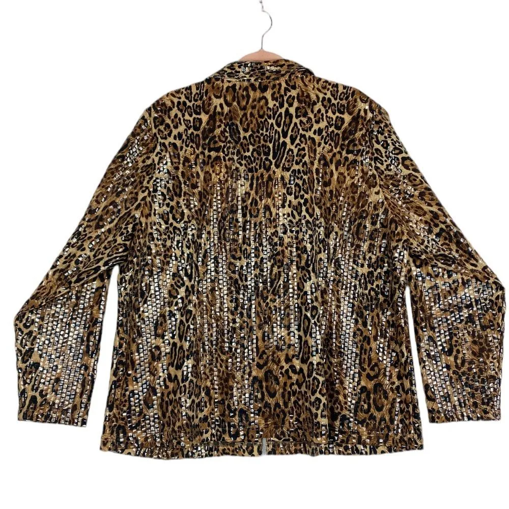 Misook Leopard  Zip up Jacket Brown Animal Print Sequin - Image 3