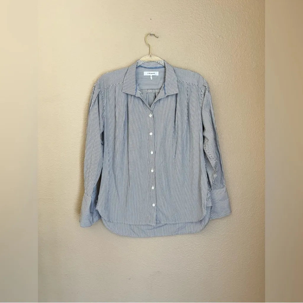 Frame Denim 100% Cotton Striped Pleated Oversized Collar Button Up Shirt SZ SP - Image 3