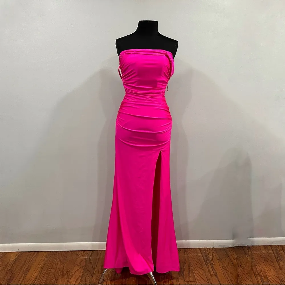 La Femme 28506 Off the Shoulder Ruched Gown Long Dress Hot Pink 4 - Image 3
