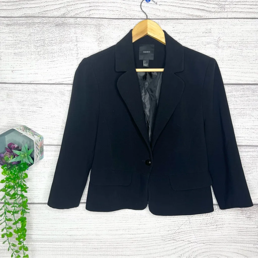 Forever 21 Classic Black Single Button Cropped Blazer Business Jacket Size Large - Image 7
