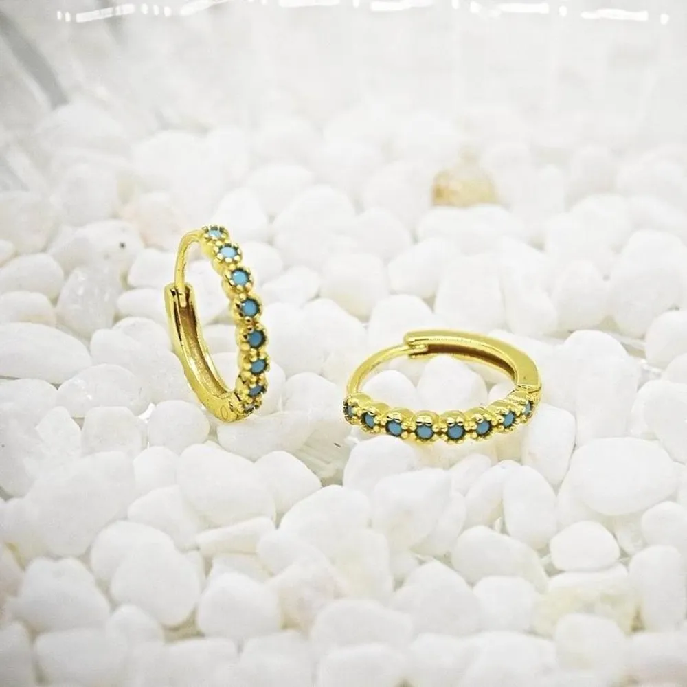 Gold Hoop Huggies with Blue Stones - Image 3