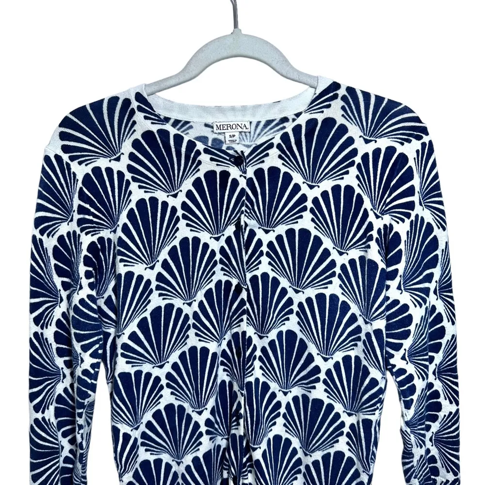 Merona Sz S Cardigan Sweater Button Front Shell Pattern Long Sleeve Navy White - Image 2