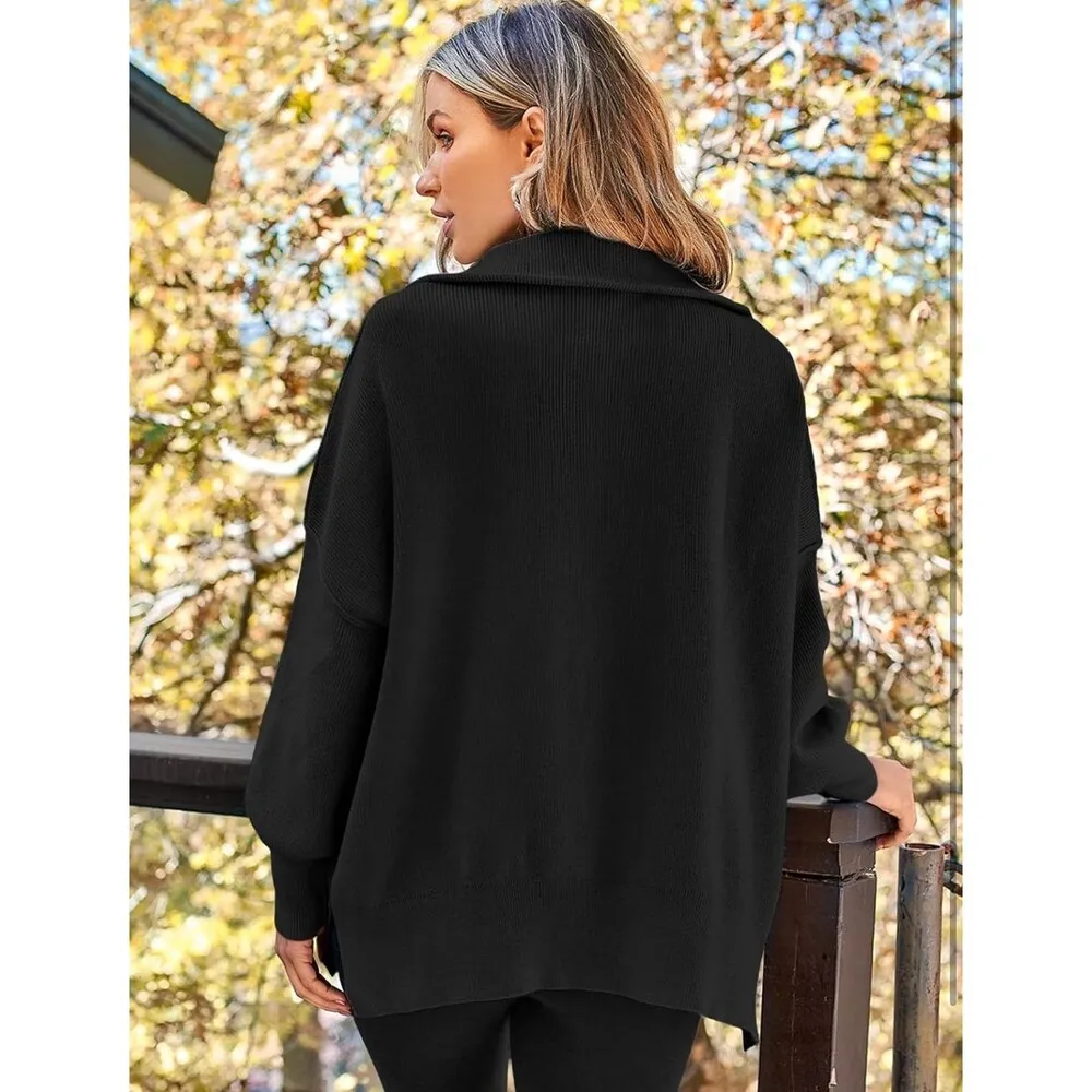 Women's Zipper Collared Oversized Drop Shoulder Pullover (54) Brown Size M - Image 5