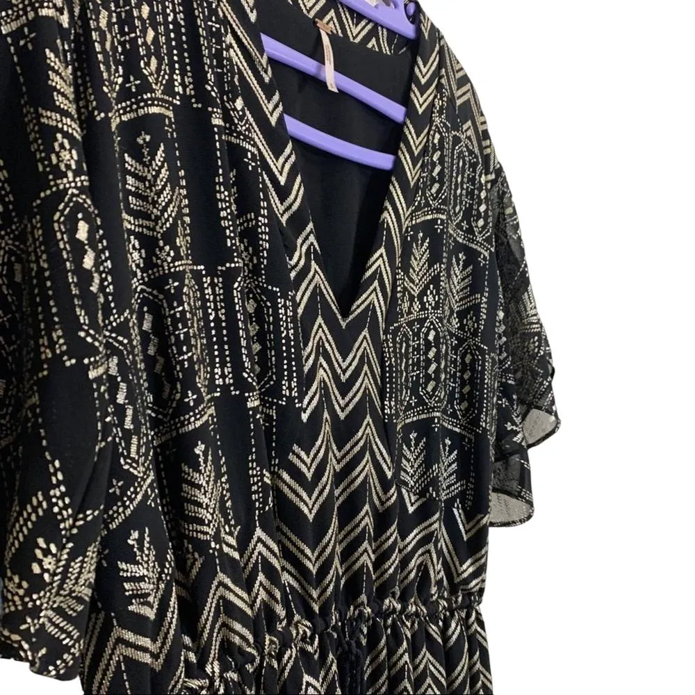 Free People Love My Chaos Flutter Ruffle Flowy Metallic Dress Black Gold Small - Image 4