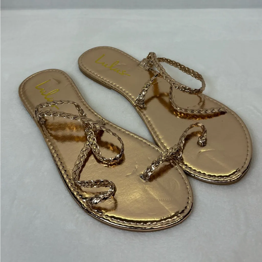 Lulu’s Mirela Gold Woman’s Flat Greek Goddess Shiny Vegan Friendly Sandals - Image 2
