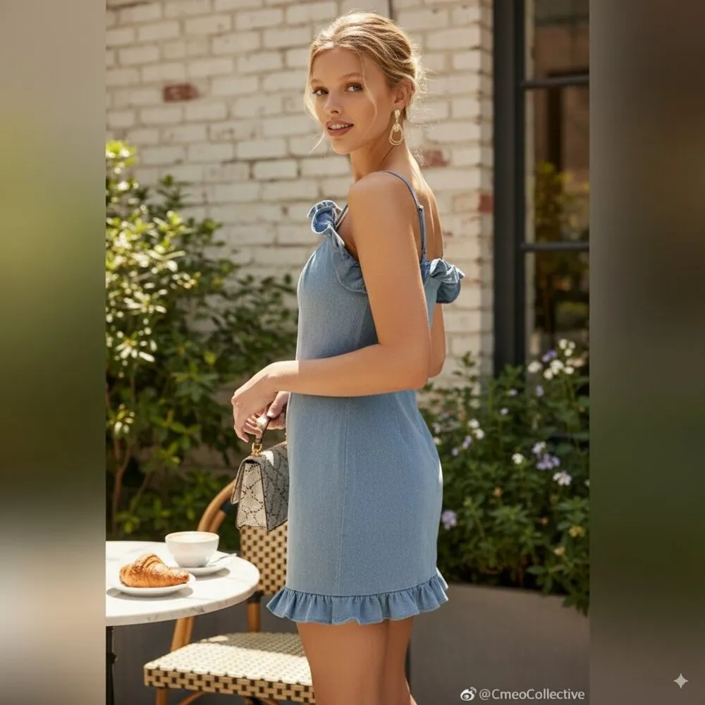 C/meo Collective Light Blue Cotton Ruffle Denim Mini Dress Size L Preowned - Image 2