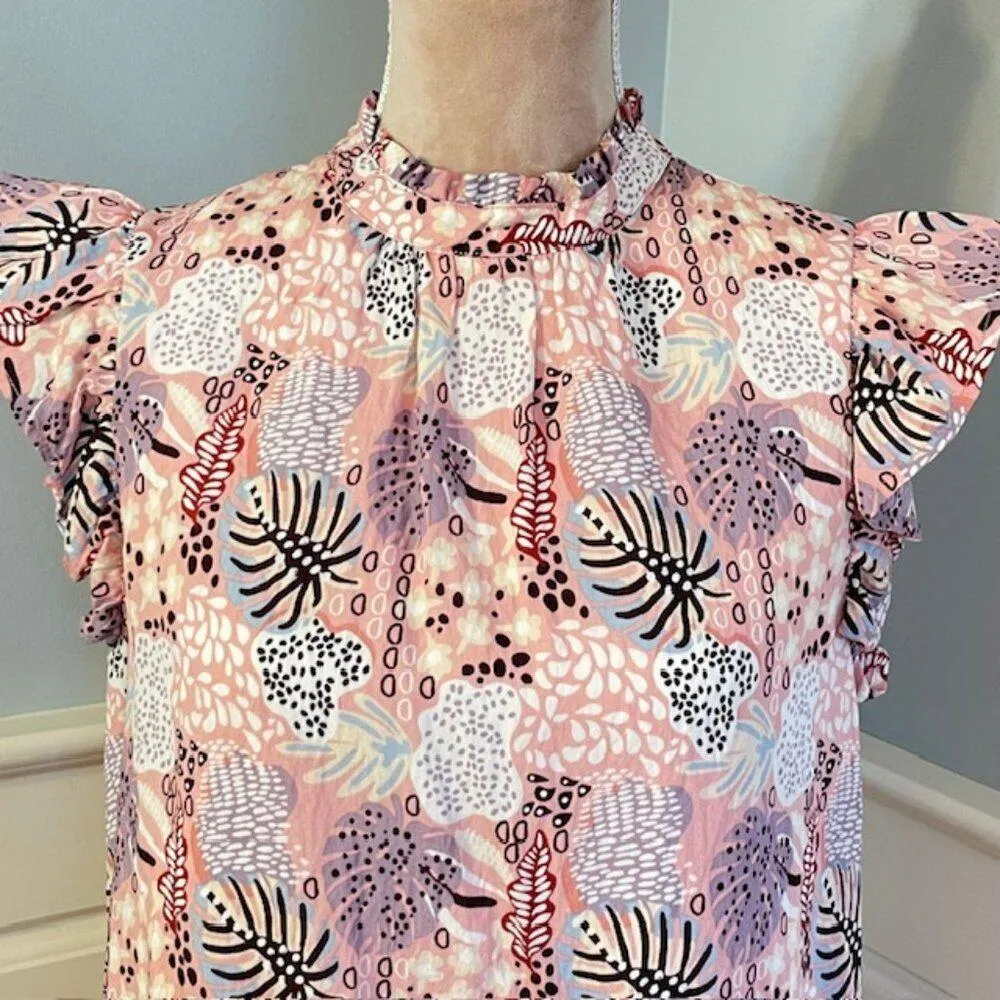 THML Ruffled Flutter Sleeve Tiered Tropical Floral Pink Mini Dress S/M - Image 2