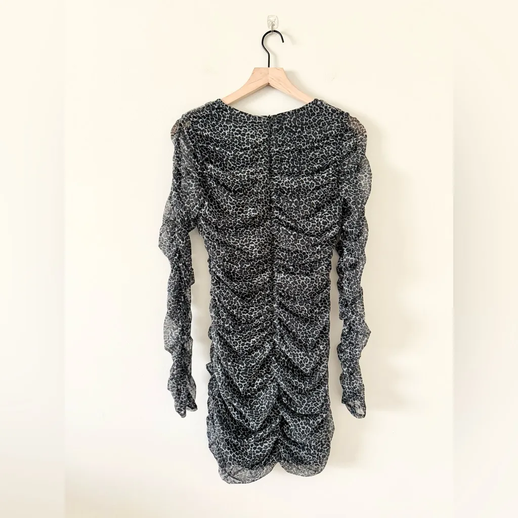 Item Ditto Mesh Ruched Long Sleeve Bodycon Mini Dress in Gray & Black Leopard L - Image 3