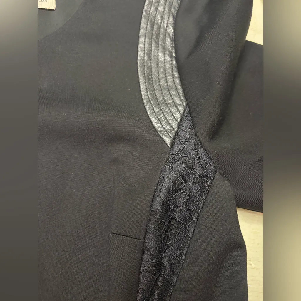 Rebecca Taylor 3/4 Sleeve Faux Leather Trim Ponte Black Sheath Dress Size 8 - Image 5