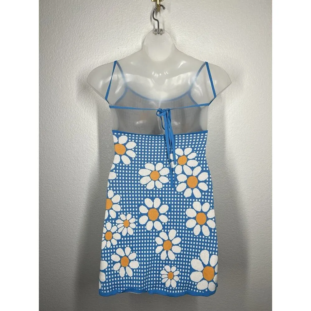 Zara Daisy Knit Mini Bodycon Dress Small Open Tie Back Plaid - Image 3
