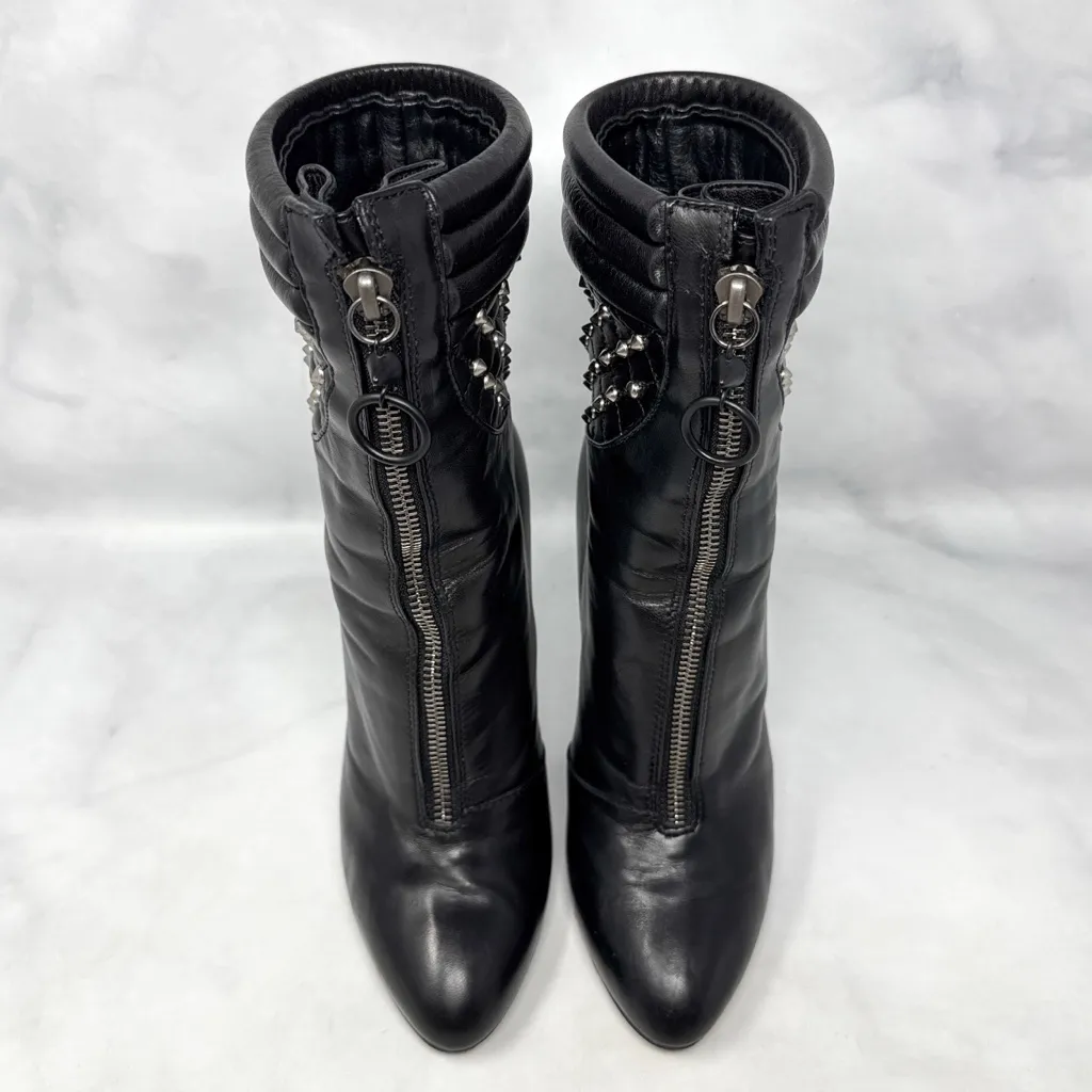 Giuseppe Zanotti Studded Quilted Leather Zipper Stiletto Heeled Boots Black 37.5 - Image 4