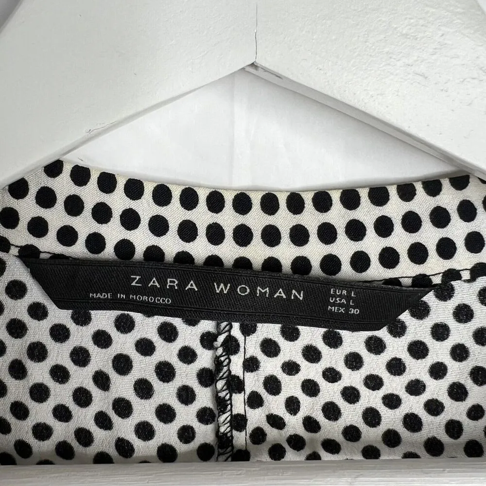 Zara Woman Size L Blouse Black Polka Dot Tie Neck Long Sleeve Flowy Long Sleeve - Image 3