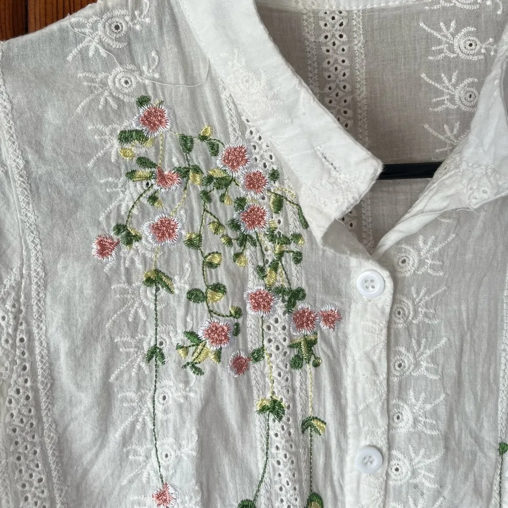 Embroidered Floral Eyelet Blouse White Size XS - Image 5