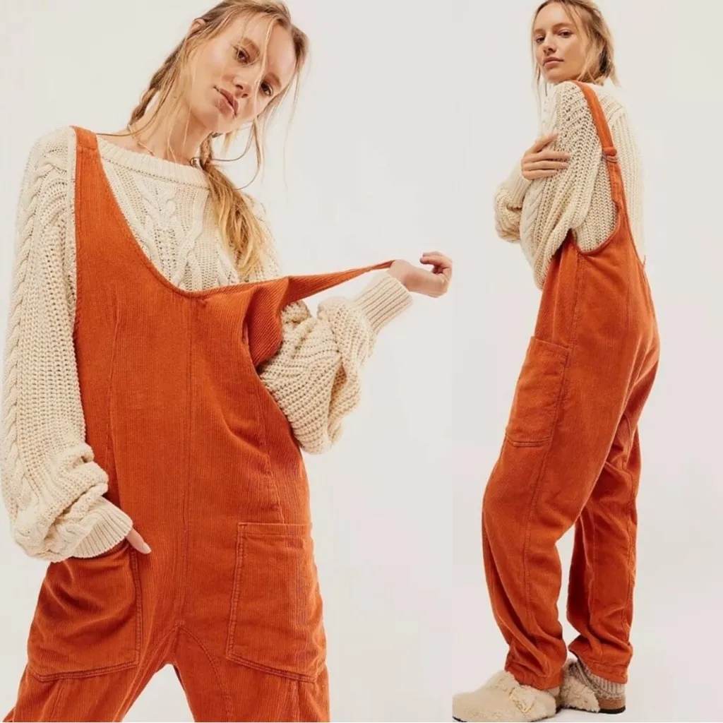 Free People Bohemian High Roller Cord Jumpsuit Oversized Small Wide Leg Fall 70s - Image 4