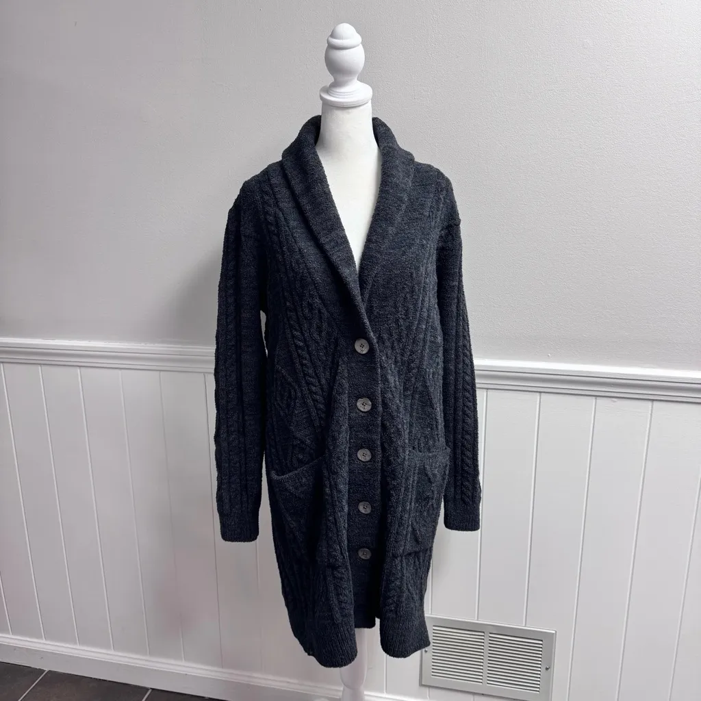 Barefoot Dreams CozyChic Aran Cable Long Button Cardigan Midnight Multi Small - Image 14