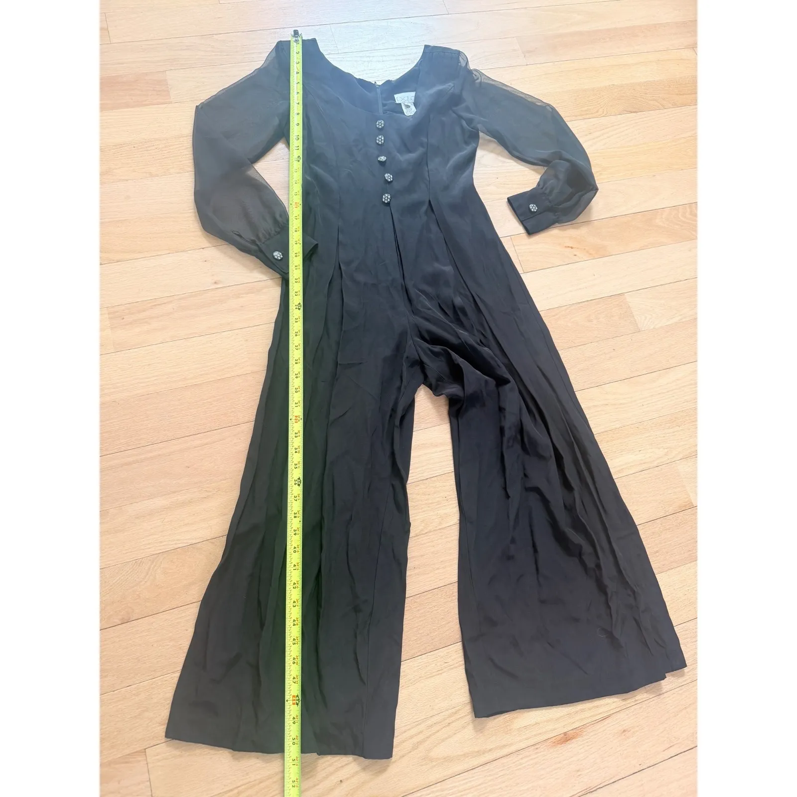 EXPO vintage Black Sheer Sleeve Button Front Wide Leg Jumpsuit Women's Size 4 - Image 9