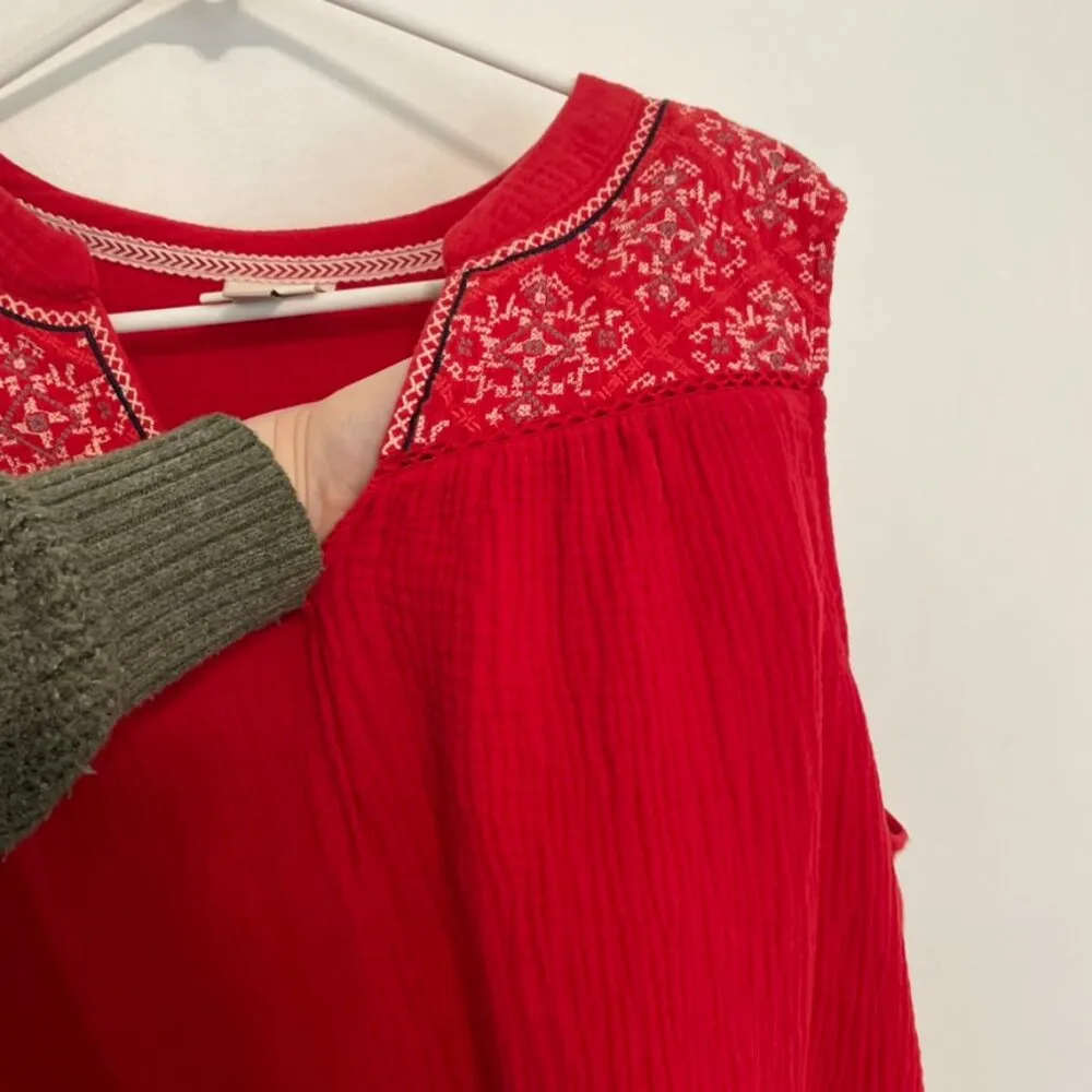 KNOX ROSE Sleeveless Gauze Tank Top Bright Red Embroidered Geo Mixed Media Boho - Image 7