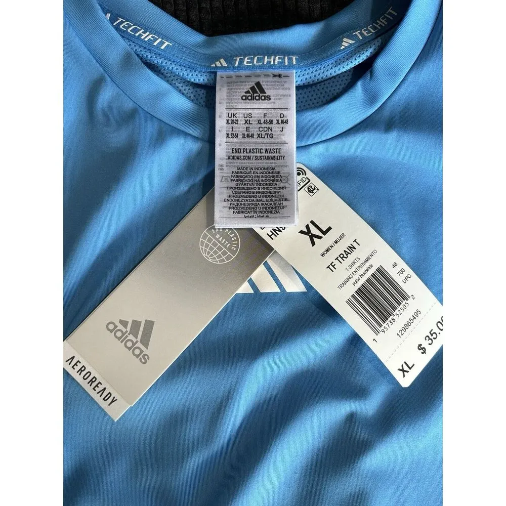 Adidas Tech fit Train Athletic Top‎ Blue Logo Short Sleeve Logo Size XL NWT - Image 5