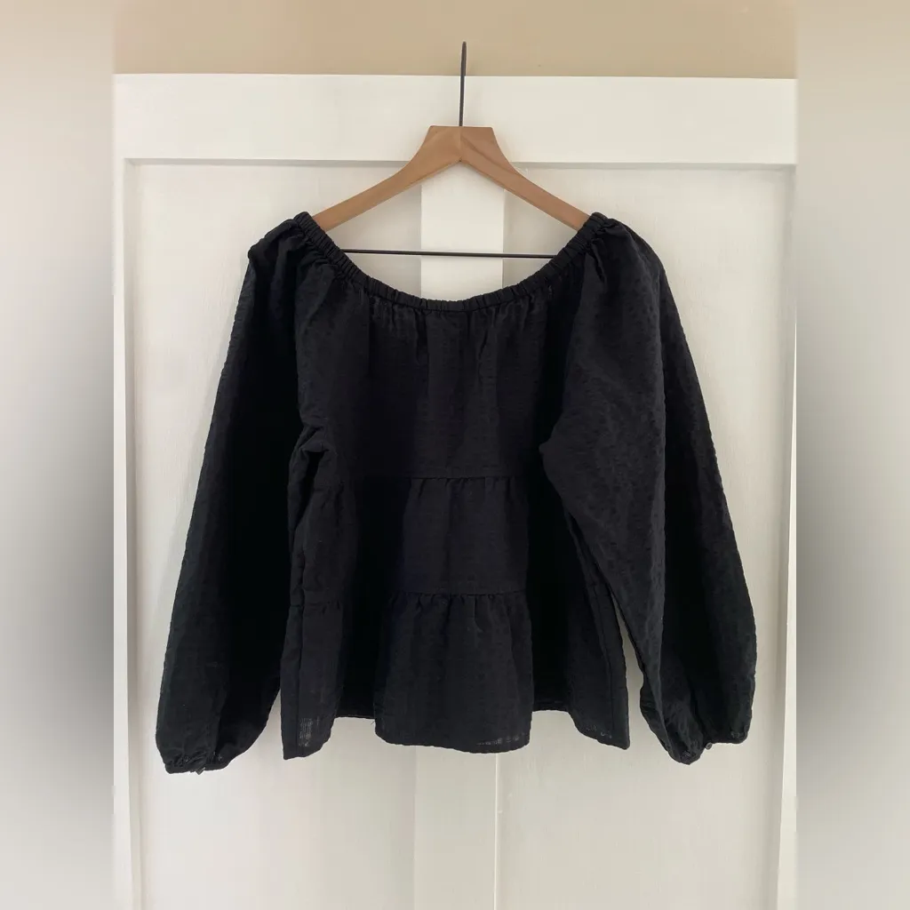 OLD NAVY Seersucker Long Sleeve Tiered Swing Top Black Size XS Peplum Babydoll - Image 6