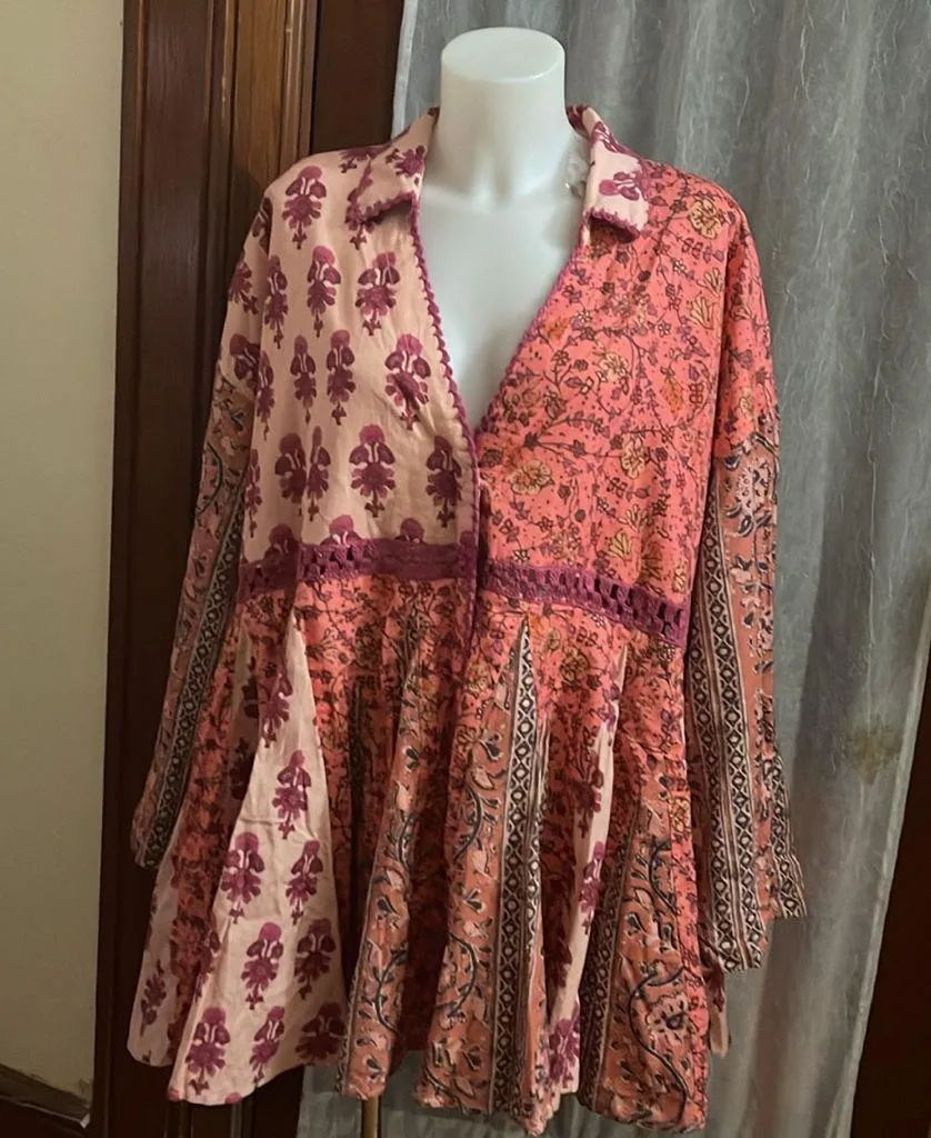 FREE PEOPLE HAZY BABY MINI DRESS IN PINK ROSE COMBO LARGE NWOT - Image 6