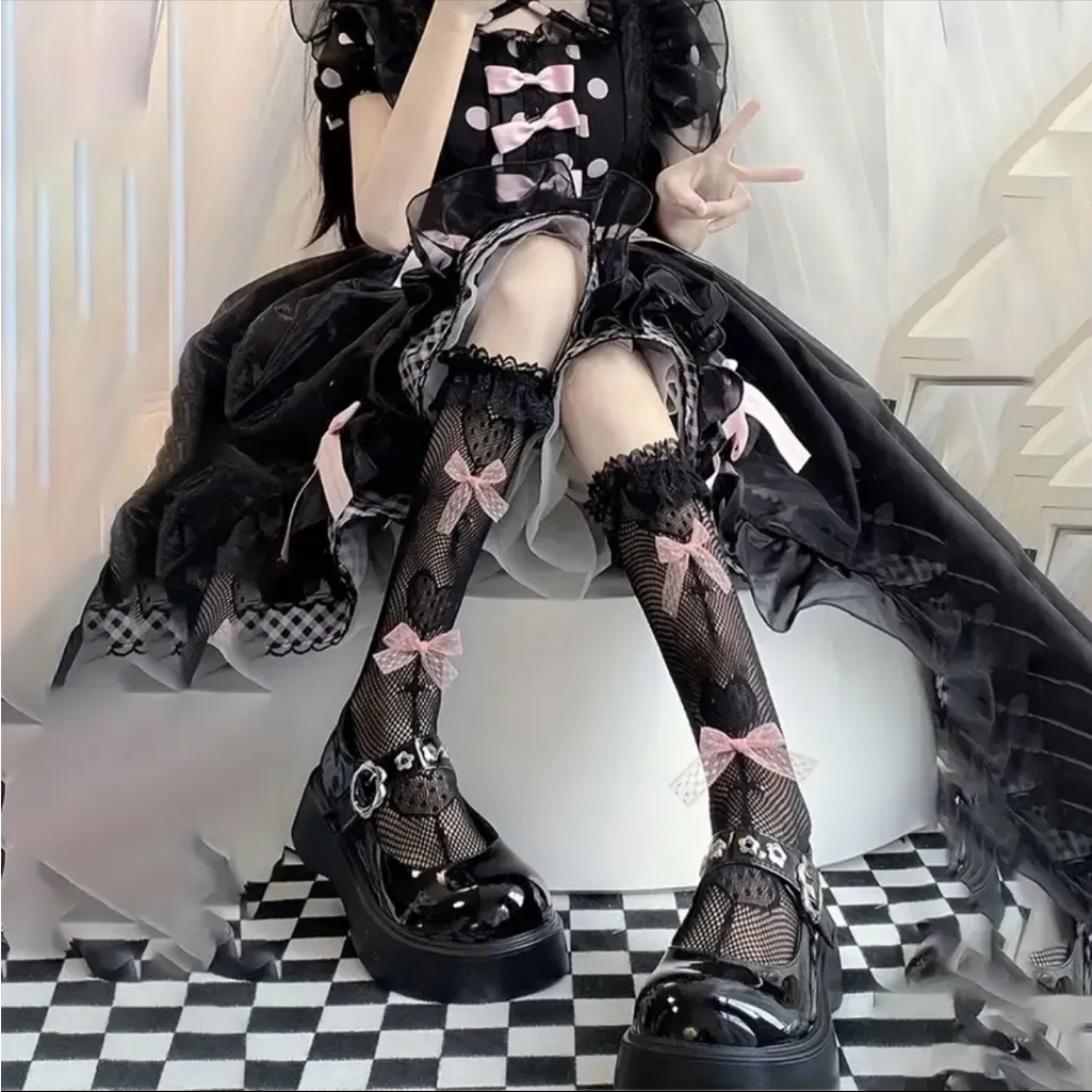 Black Lolita Style Calf Socks Lace‎ Trim Polyester Knit Fabric Socks One Size - Image 9