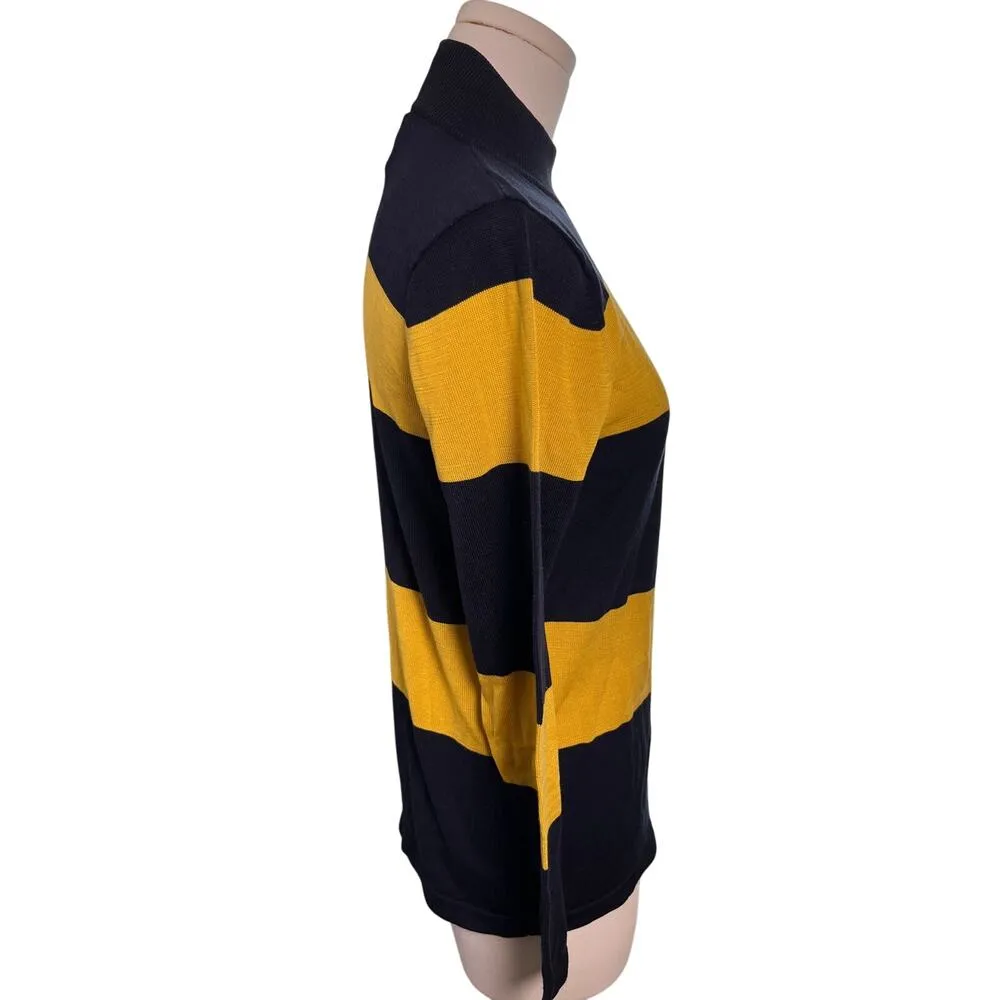 August Silk Sweater Small Navy Yellow Stripe Mock Neck Pullover Long Sleeve - Image 4