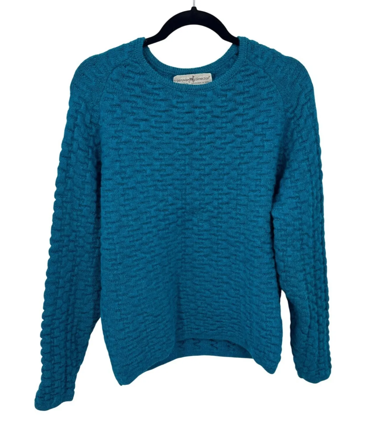 Peruvian Connection Handmade Sweater Womens L Blue Alpaca Basketweave Knit VTG - Image 1