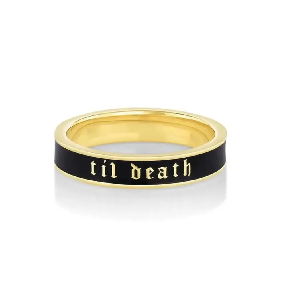 Til Death Gold & Black Enamel Band Ring Bridal Statement Size 7 - Image 2