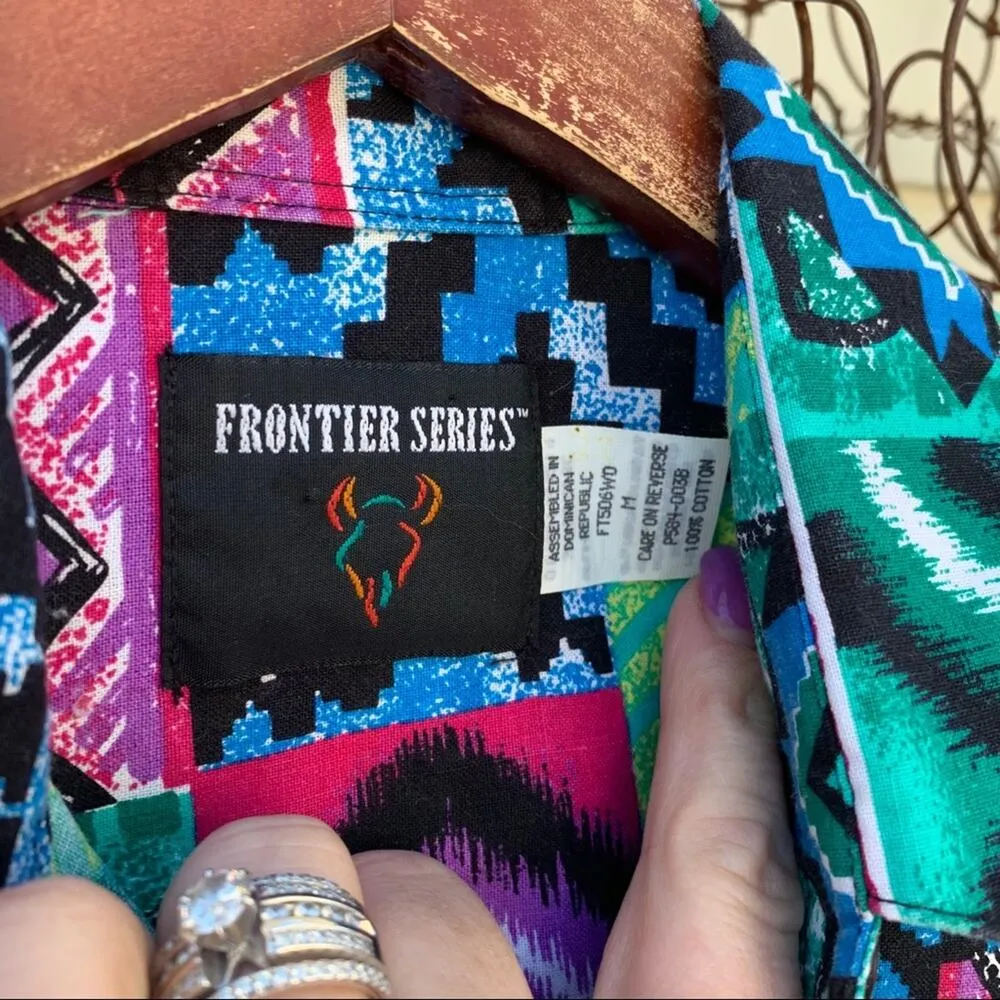 Vintage 80s 90s neon abstract geometric western cowgirl shirt MEDIUM Green - Image 3