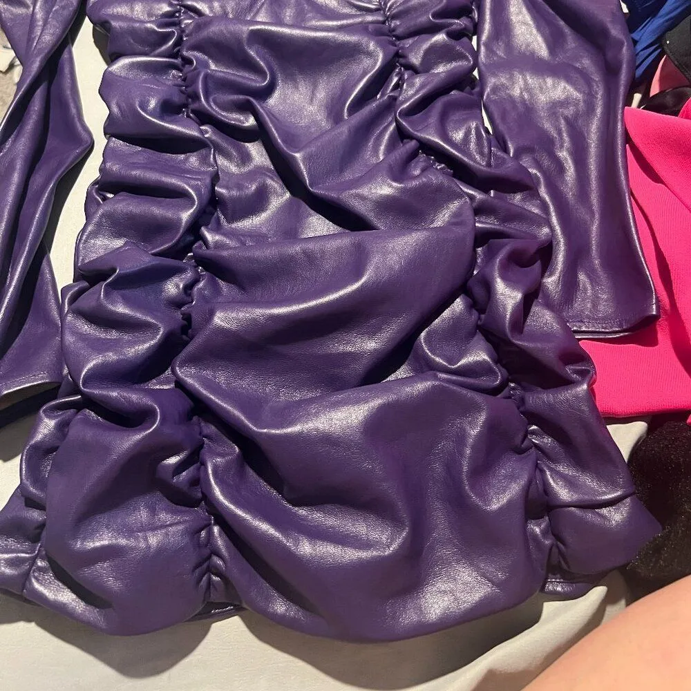New Revolve Lovers + Friends Bardot Vegan Faux Leather Purple Mini Dress S - Image 6