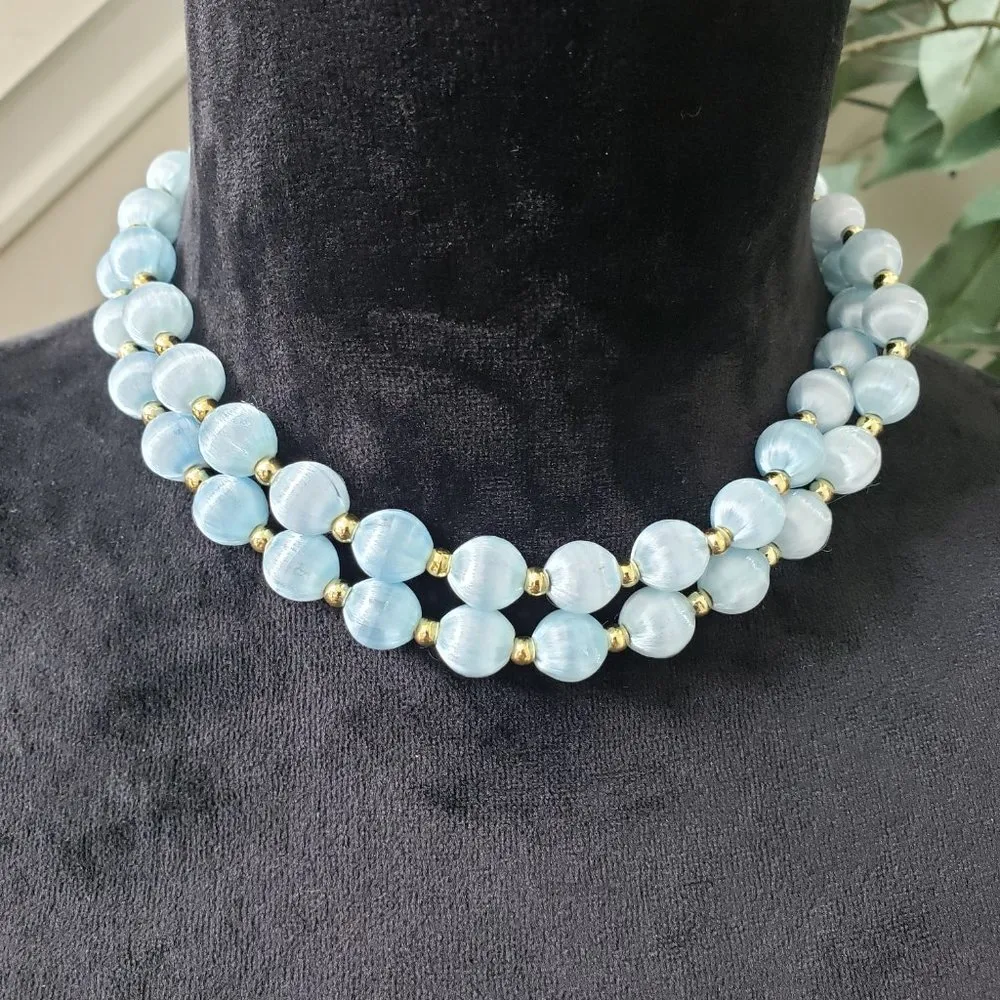 Womens Sky Blue Round Faceted Beaded Fashion Necklace Gold - Image 2