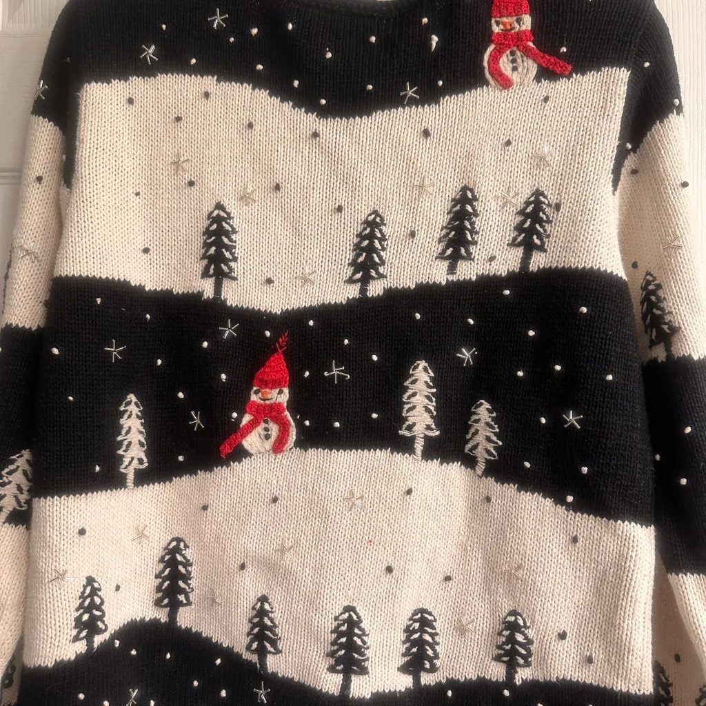 Talbots Embellished , Womens Ugly Christmas Sweater. Pine Trees and Snowmen - Image 3