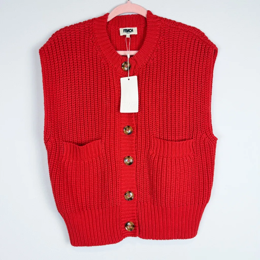 NWT FRNCH Carmele Chunky Knit Sweater Vest Sleeveless Cardigan Red Size Small - Image 4