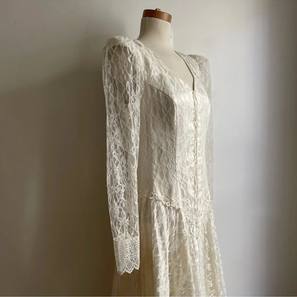 Vintage 1980s Cream Lace Wedding Dress Basque Princess Lace - Image 4