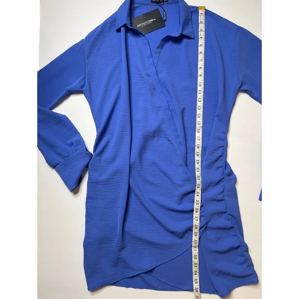 PrettyLittleThing Blue Textured Woven Extreme Plunge Bell Cuff Shirt Dre… - Image 6
