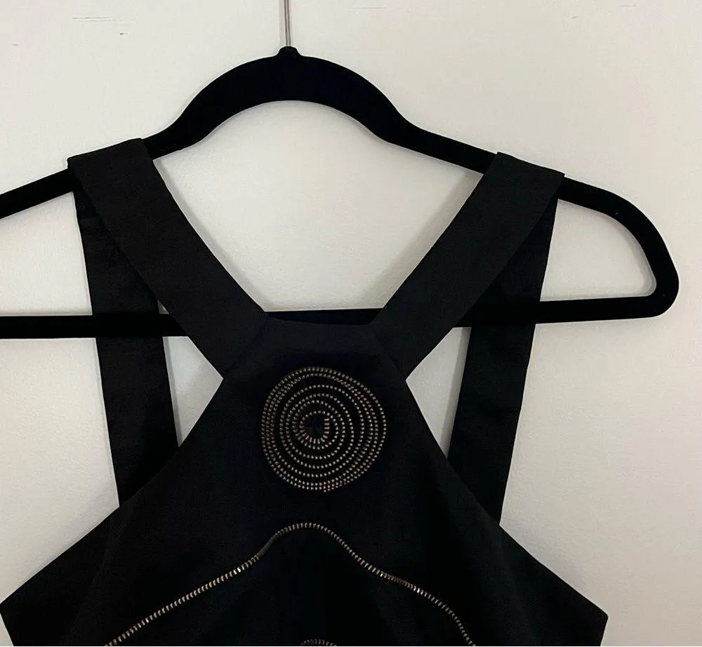 Betsy & Adam Black Knee Length Cocktail Dress Rouching and Zipper Flower Detail - Image 4