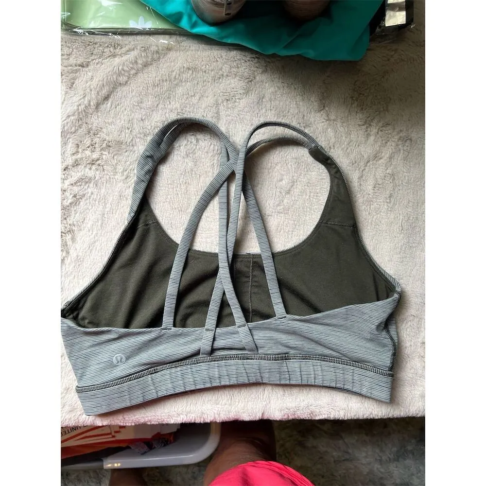 Lululemon Women's Energy Sports Bra Size 10 Gray Stripe Strappy Back Yoga Green Size L - Image 2