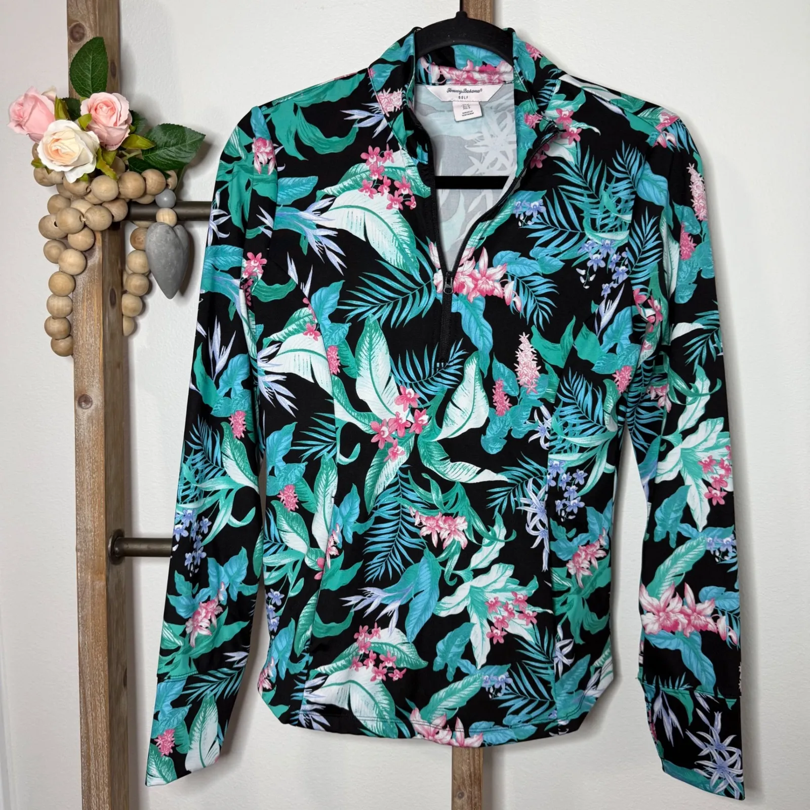Tommy Bahama Golf Tropical Floral Print Quarter Zip Pullover Shirt Size Small - Image 2