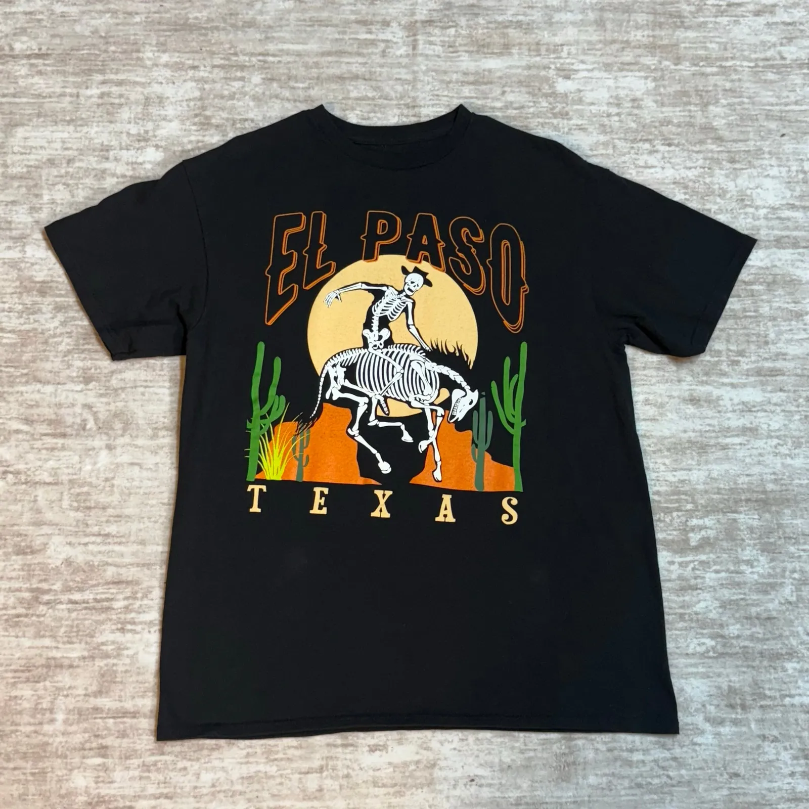 El Paso Texas Women’s Large Skeleton Horse Cactus Graphic Black Cotton T-shirt - Image 3