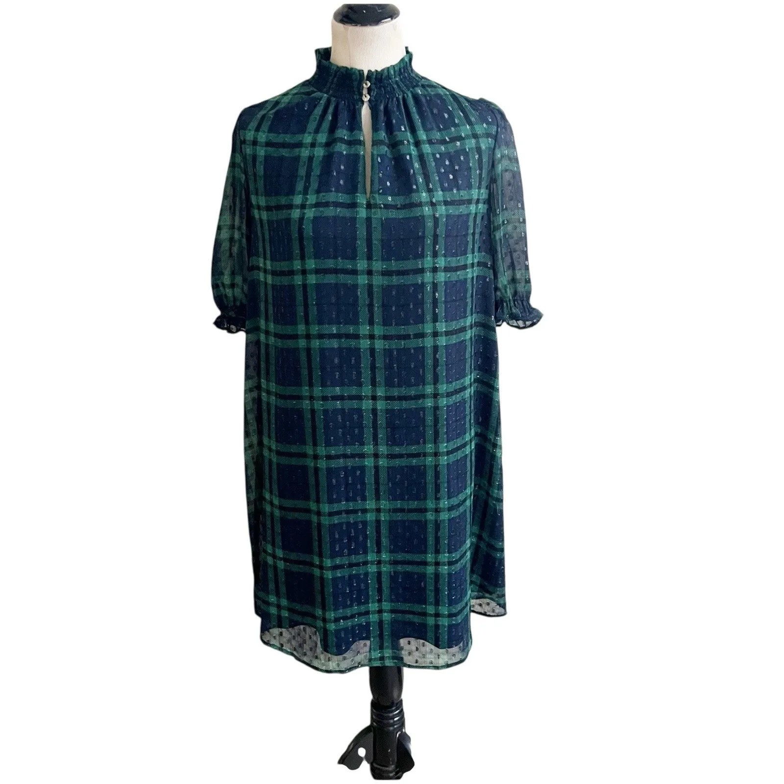 Tommy Hilfiger Tartan Plaid Dress Short Puff Sleeve Sky Captain Evergreen Size 8 - Image 2