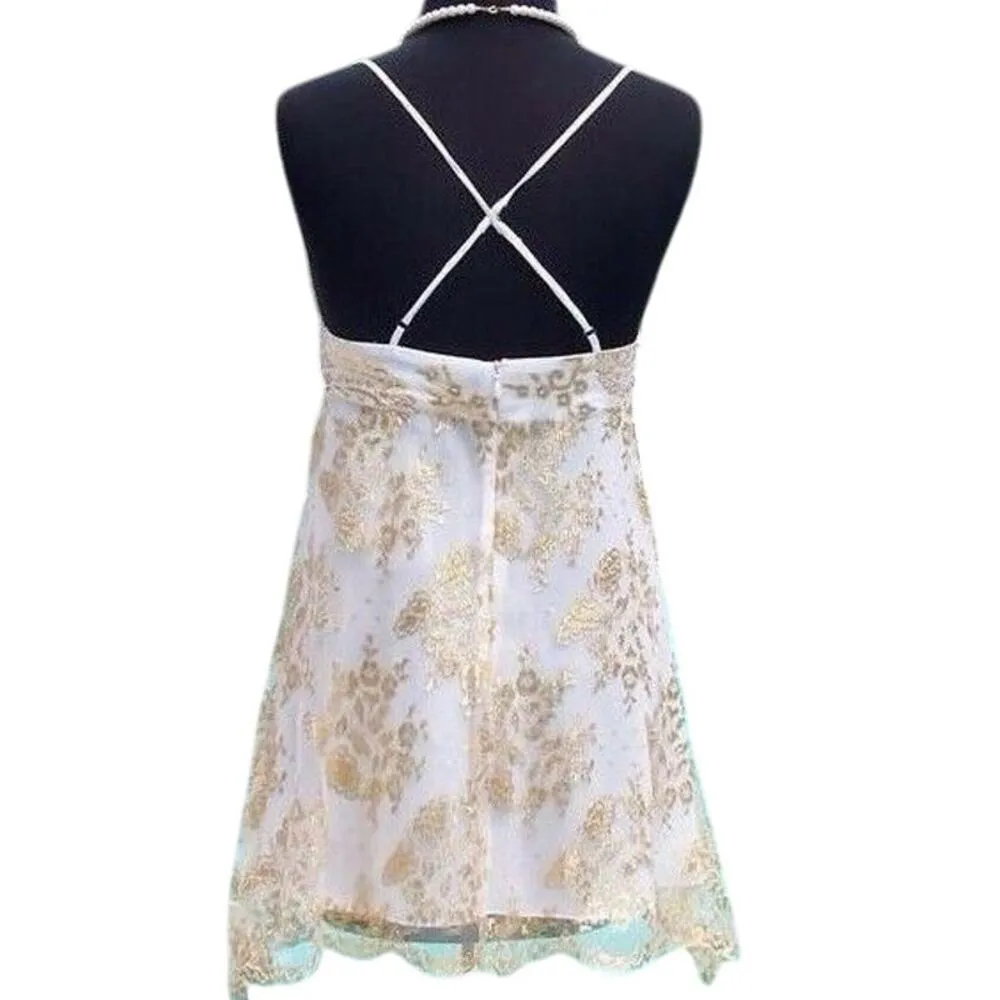 Cache Gold Metallic Silk Sheer Illusion Lace Top Dress Fit Flare New NWT $158 - Image 2
